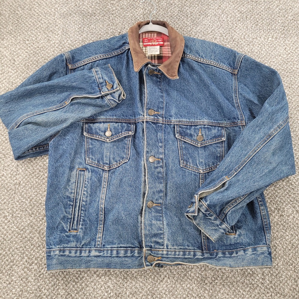 Vintage Marlboro Country Store Denim Jacket Leather Collar Plaid Lined Blue M